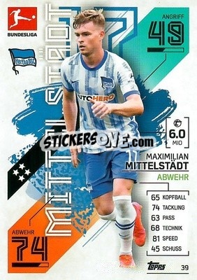 Sticker Maximillian Mittelst鋎t - German Fussball Bundesliga 2021-2022. Match Attax - Topps