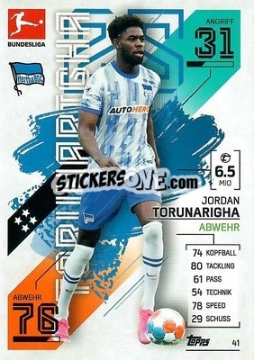 Sticker Jordan Torunarigha - German Fussball Bundesliga 2021-2022. Match Attax - Topps