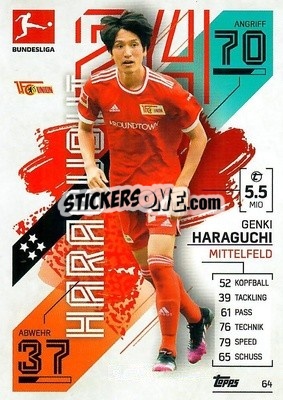 Sticker Genki Haraguchi - German Fussball Bundesliga 2021-2022. Match Attax n. 64 - Topps