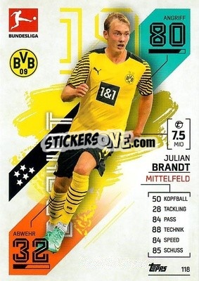 Cromo Julian Brandt - German Fussball Bundesliga 2021-2022. Match Attax - Topps