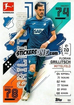 Sticker Florian Grillitsch - German Fussball Bundesliga 2021-2022. Match Attax - Topps