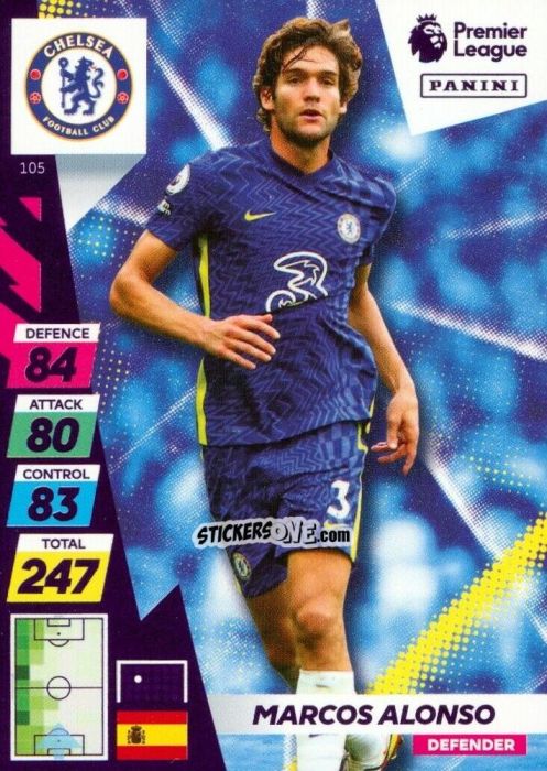 Figurina Marcos Alonso - English Premier League 2021-2022. Adrenalyn XL Plus n. 105 - Panini