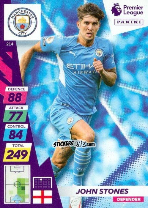 Sticker John Stones - English Premier League 2021-2022. Adrenalyn XL Plus n. 214 - Panini