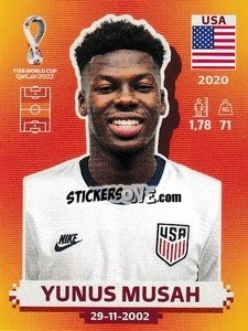 Figurina Yunus Musah - FIFA World Cup Qatar 2022. International Edition - Panini