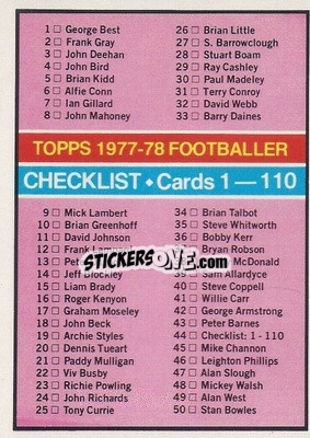 Cromo Checklist 1-110 - Footballers 1977-1978
 - Topps