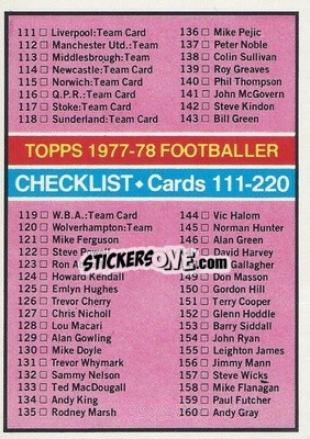 Sticker Checklist 111-220 - Footballers 1977-1978
 - Topps