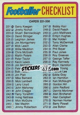 Sticker Checklist 221-330 - Footballers 1976-1977
 - Topps