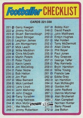 Cromo Checklist 221-330 - Footballers 1976-1977
 - Topps