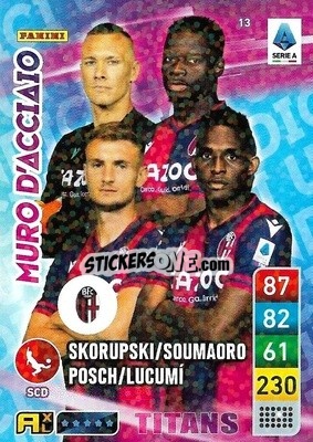 Cromo Adama Soumaoro / Jhon Lucumí / Łukasz Skorupski / Stefan Posch - Calciatori 2022-2023. Adrenalyn XL TITANS
 - Panini