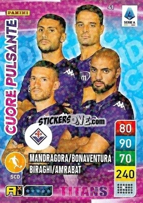Sticker Cristiano Biraghi / Giacomo Bonaventura / Rolando Mandragora / Sofyan Amrabat - Calciatori 2022-2023. Adrenalyn XL TITANS
 n. T41 - Panini