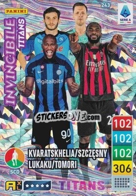 Sticker Khvicha Kvaratskhelia / Wojciech Szczęsny / Romelu Lukaku / Fikayo Tomori - Calciatori 2022-2023. Adrenalyn XL TITANS
 n. T243 - Panini