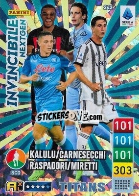 Sticker Pierre Kalulu / Marco Carnesecchi / Giacomo Raspadori / Fabio Miretti - Calciatori 2022-2023. Adrenalyn XL TITANS
 n. T242 - Panini