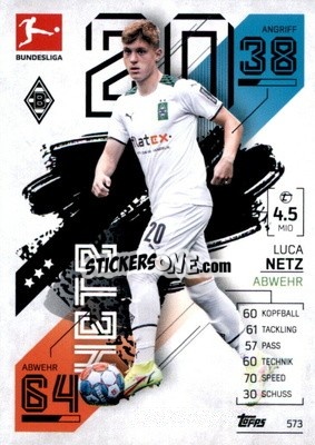Sticker Luca Netz - German Fussball Bundesliga 2021-2022. Match Attax Extra
 n. 573 - Topps