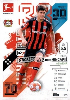 Sticker Piero Hincapié - German Fussball Bundesliga 2021-2022. Match Attax Extra
 n. 555 - Topps