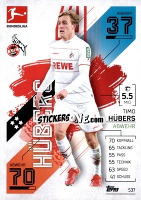 Sticker Timo Hübers - German Fussball Bundesliga 2021-2022. Match Attax Extra
 n. 537 - Topps