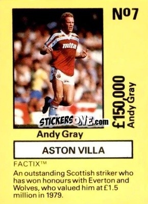 Sticker Andy Gray - Emlyn Hughes' Team Tactix 1987
 n. AV7 - BOSS LEISURE
