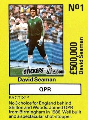 Sticker David Seaman - Emlyn Hughes' Team Tactix 1987
 n. QPR1 - BOSS LEISURE
