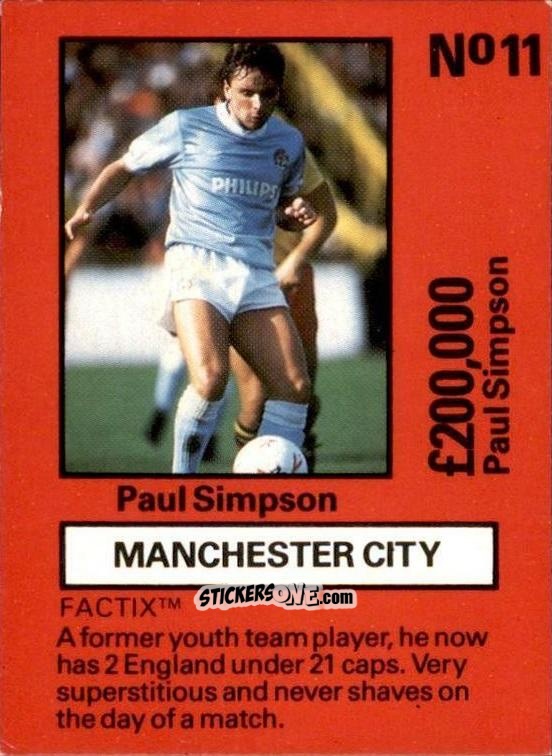 Sticker Paul Simpson - Emlyn Hughes' Team Tactix 1987
 n. MC11 - BOSS LEISURE
