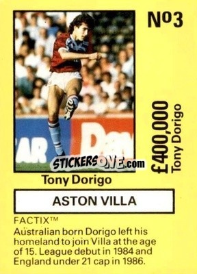 Sticker Tony Dorigo - Emlyn Hughes' Team Tactix 1987
 - BOSS LEISURE
