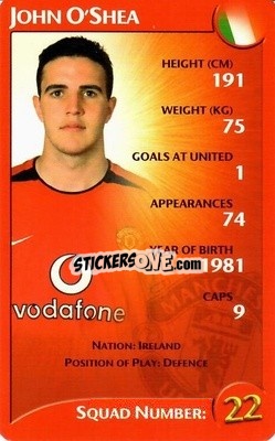 Sticker John O'Shea - Manchester United 2003-2004
 n. 20 - Top Trumps