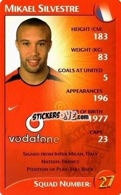 Sticker Mikael Silvestre - Manchester United 2003-2004
 n. 22 - Top Trumps