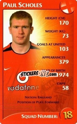 Sticker Paul Scholes - Manchester United 2003-2004
 n. 16 - Top Trumps