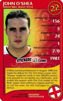 Sticker John O'Shea - Manchester United 2005-2006
 n. 14 - Top Trumps