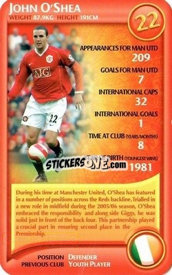 Sticker John O'Shea - Manchester United 2006-2007
 n. 18 - Top Trumps