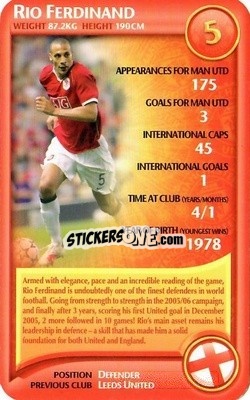 Sticker Rio Ferdinand - Manchester United 2006-2007
 n. 6 - Top Trumps