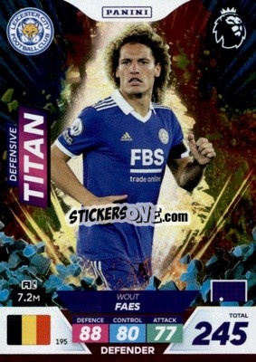 Sticker Wout Faes - English Premier League 2022-2023. Adrenalyn XL Plus
 n. 195 - Panini