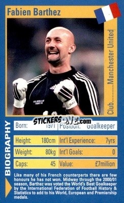 Sticker Fabien Barthez - World Football Stars 2002 n. 2 - Top Trumps