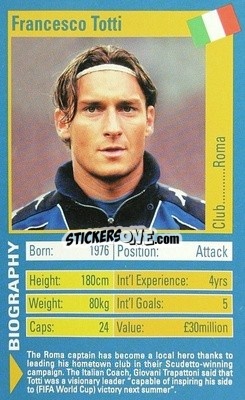 Sticker Francesco Totti - World Football Stars 2002 n. 26 - Top Trumps