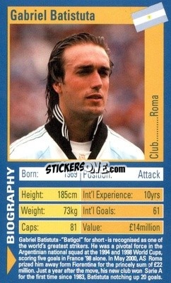 Cromo Gabriel Batistuta - World Football Stars 2002 - Top Trumps