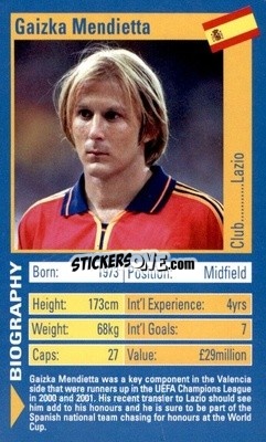 Sticker Gaizka Mendieta - World Football Stars 2002 n. 16 - Top Trumps