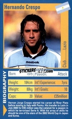 Sticker Hernan Crespo - World Football Stars 2002 n. 8 - Top Trumps