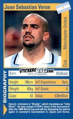 Sticker Juan Sebastian Veron - World Football Stars 2002 n. 28 - Top Trumps