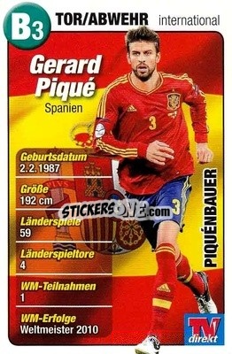 Sticker Gerard Piqué - Fußball-WM 2014 n. B3 - TV DIREKT
