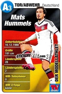 Sticker Mats Hummels - Fußball-WM 2014 - TV DIREKT
