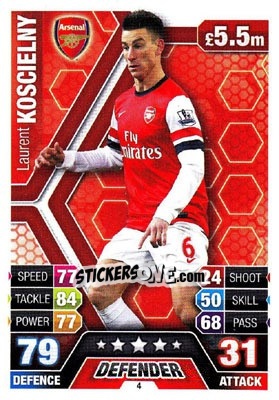 Sticker Laurent Koscielny - English Premier League 2013-2014. Match Attax n. 4 - Topps
