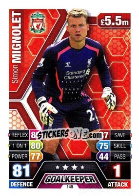 Sticker Simon Mignolet - English Premier League 2013-2014. Match Attax n. 145 - Topps
