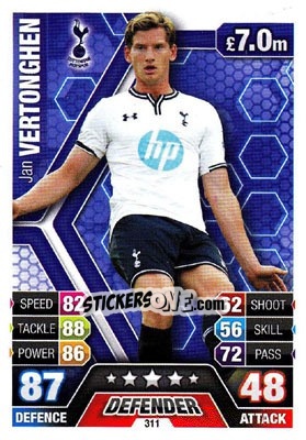 Sticker Jan Vertonghen - English Premier League 2013-2014. Match Attax n. 311 - Topps