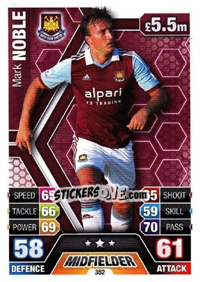 Sticker Mark Noble - English Premier League 2013-2014. Match Attax n. 352 - Topps