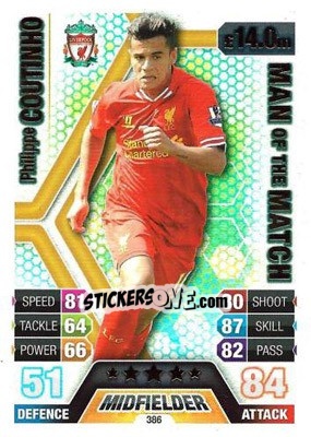 Sticker Philippe Coutinho - English Premier League 2013-2014. Match Attax n. 386 - Topps