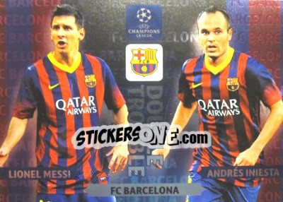 Sticker Lionel Messi / Andrés Iniesta - UEFA Champions League 2013-2014. Adrenalyn XL n. 376 - Panini