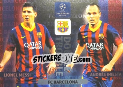 Sticker Lionel Messi / Andrés Iniesta - UEFA Champions League 2013-2014. Adrenalyn XL - Panini