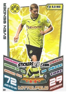 Cromo Sven Bender - German Fussball Bundesliga 2013-2014. Match Attax - Topps