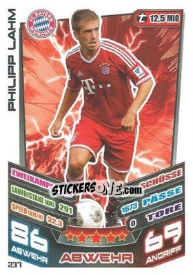 Sticker Philipp Lahm - German Fussball Bundesliga 2013-2014. Match Attax n. 237 - Topps