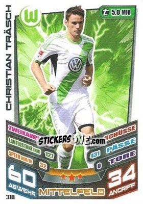 Sticker Christian Träsch - German Fussball Bundesliga 2013-2014. Match Attax n. 318 - Topps