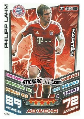Sticker Philipp Lahm - German Fussball Bundesliga 2013-2014. Match Attax n. 514 - Topps