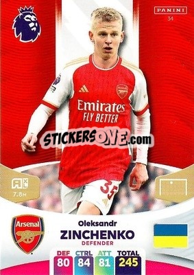 Sticker Oleksandr Zinchenko - English Premier League 2023-2024. Adrenalyn XL n. 34 - Panini